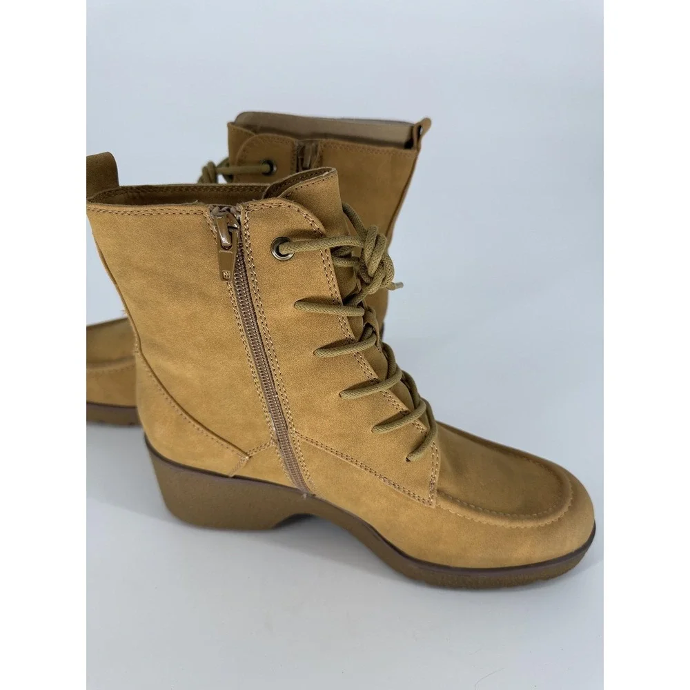 Naturalizer Boots Womens Size 9.5 Tan Brown Genie Wedge Ankle Lace Up‎ Side Zip
